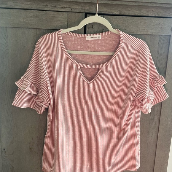 Pink Ruffled Ribbed Short Sleeve Blouse - Picture 1 of 4